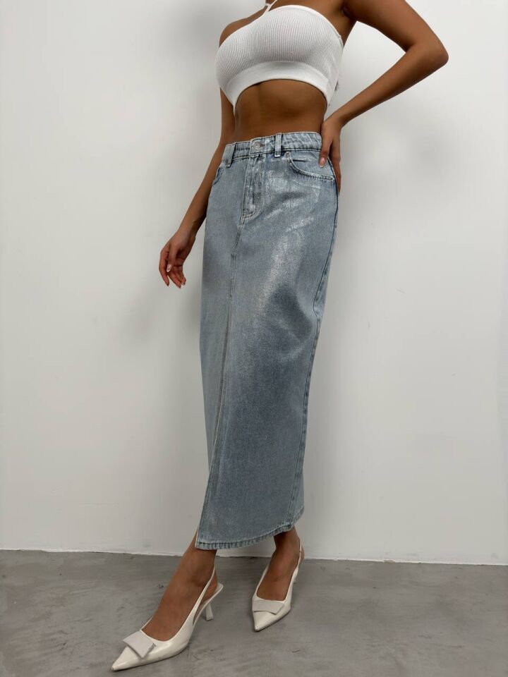 Varak Baskılı Yırtmaçlı Maxi Denim