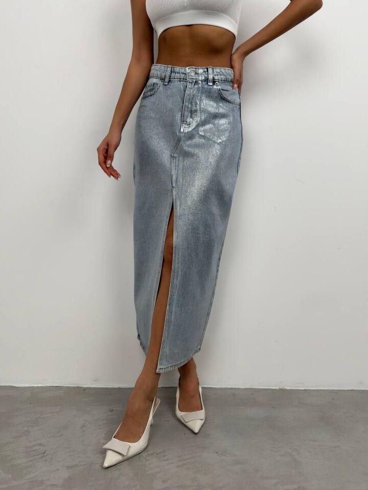 Varak Baskılı Yırtmaçlı Maxi Denim