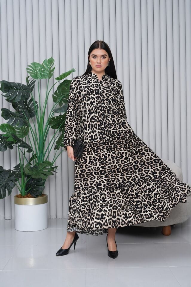 Leopar Vizon Desenli Elbise